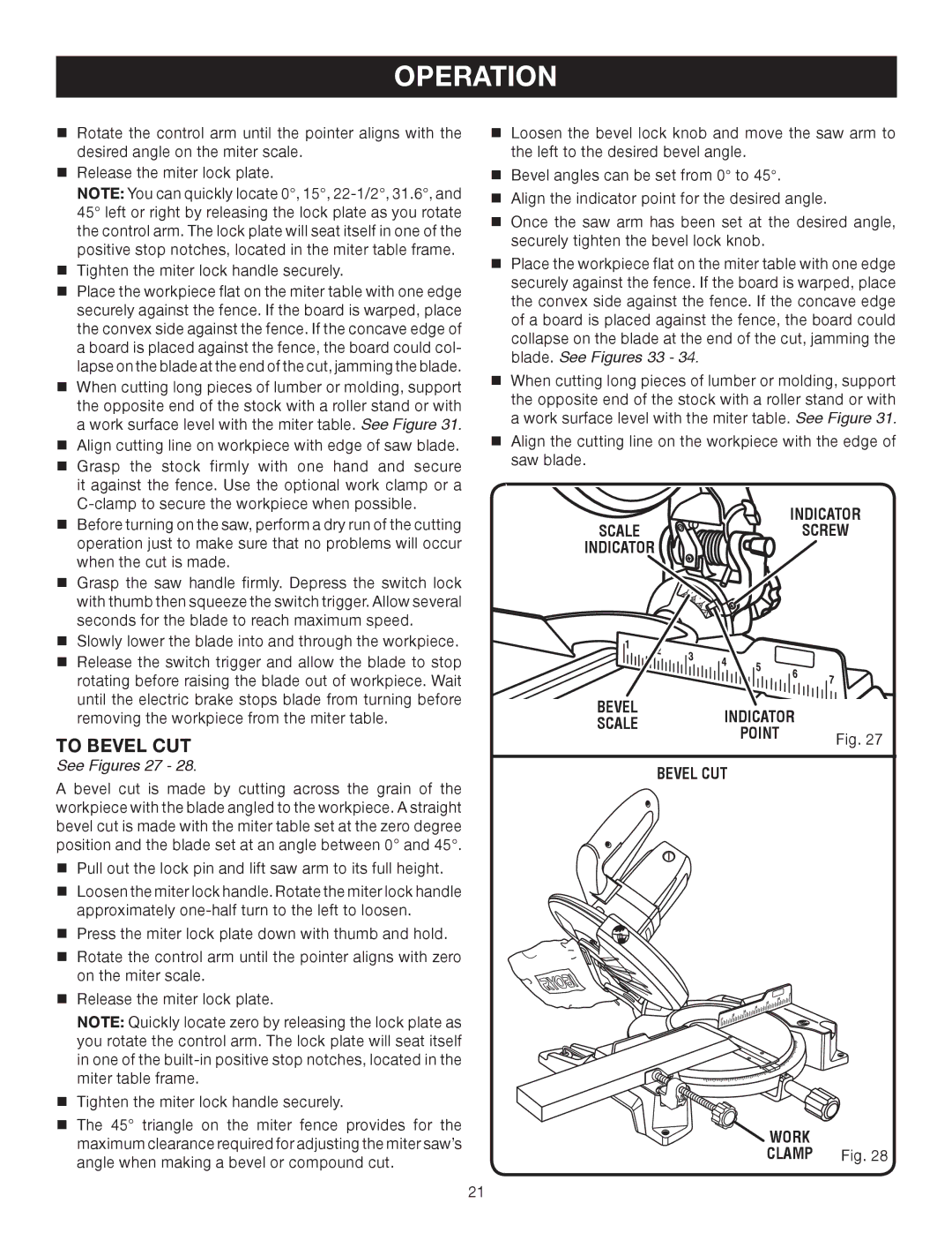 Ryobi TS1343L manual To Bevel CUT, See Figures 27, Work 