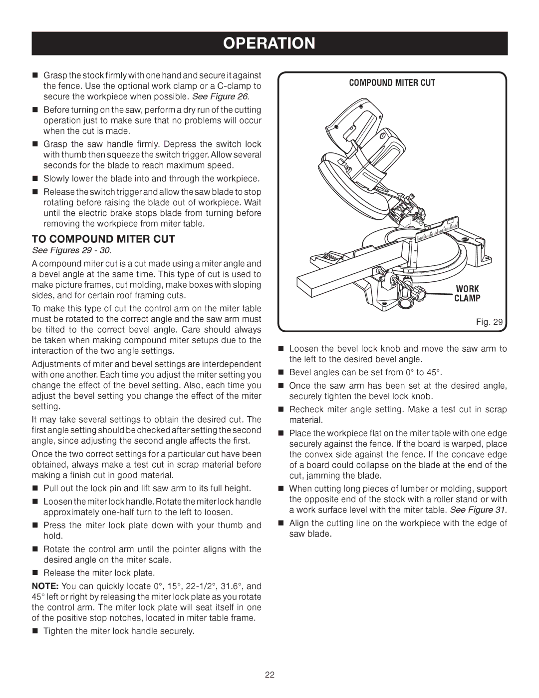 Ryobi TS1343L manual To Compound Miter CUT, See Figures 29, Compound Miter CUT Work, Clamp 