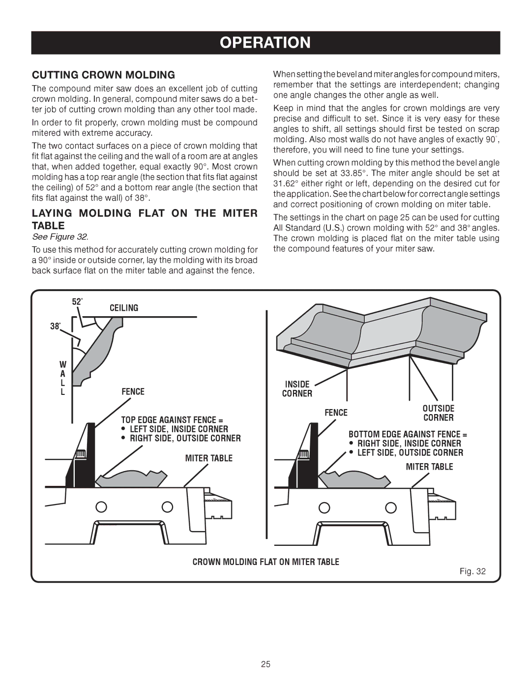 Ryobi TS1343L manual Cutting Crown Molding, Laying Molding Flat on the Miter Table, Ceiling Fence 