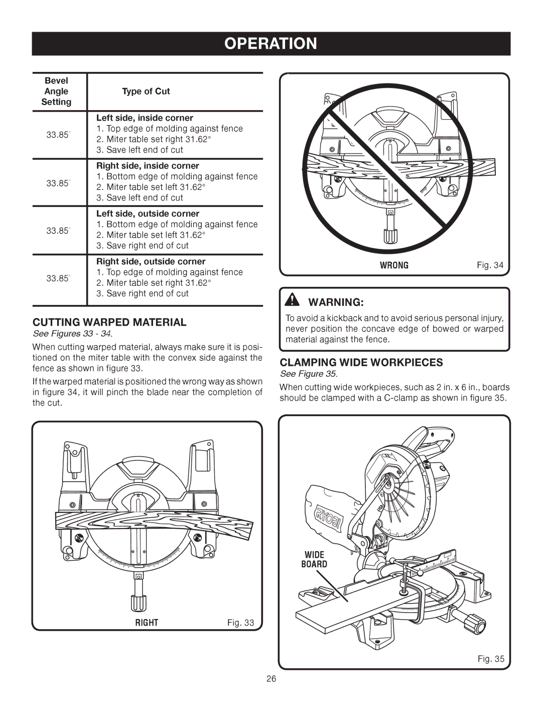 Ryobi TS1343L manual Cutting Warped Material, Clamping Wide Workpieces, See Figures 33, Wrong, Wide Board Right 