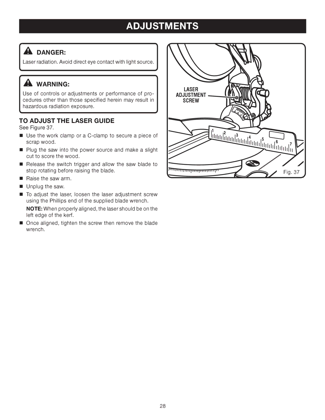 Ryobi TS1343L manual To Adjust the Laser Guide, Laser Adjustment Screw 