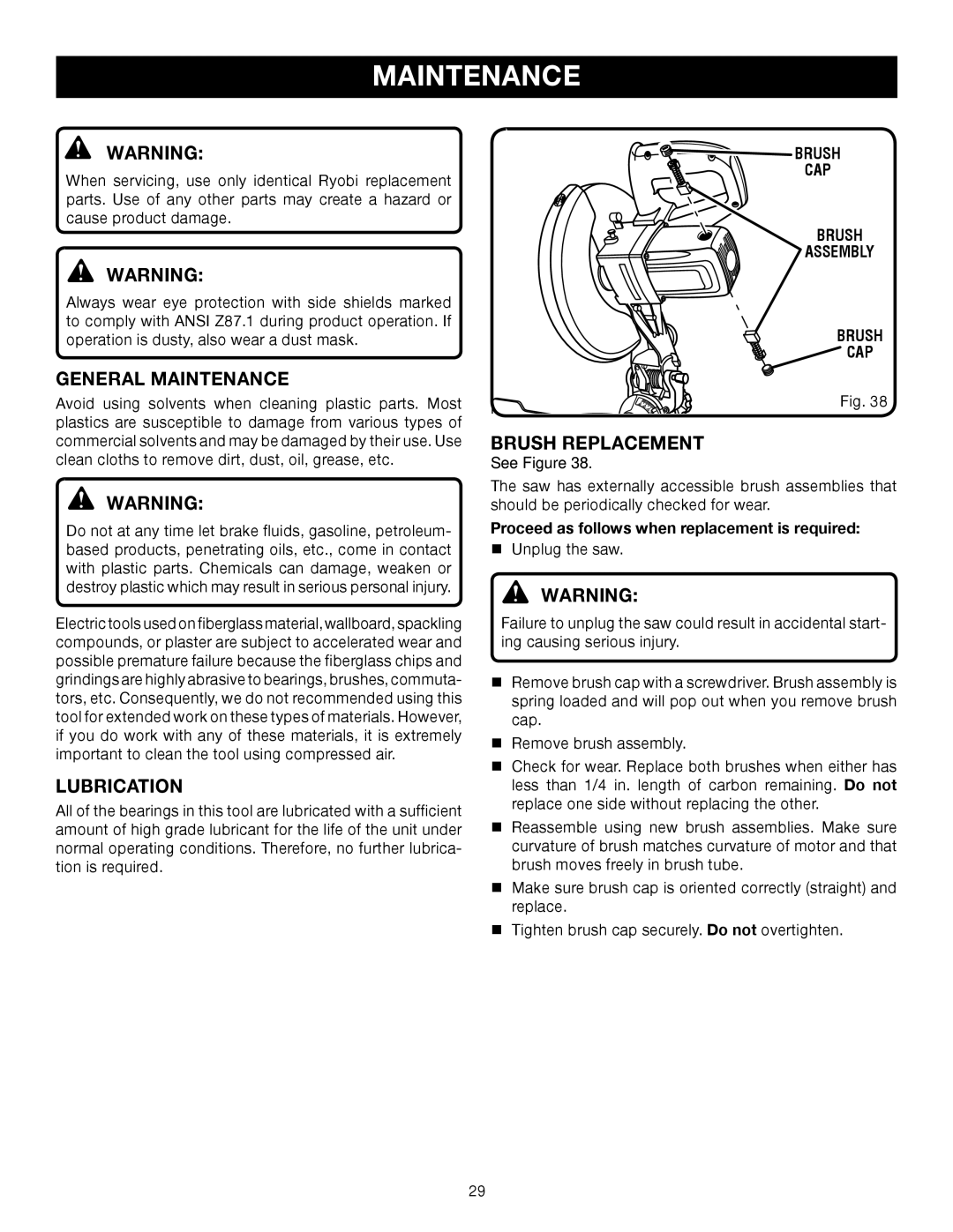 Ryobi TS1343L manual General Maintenance, Lubrication, Brush Replacement, CAP Brush Assembly 