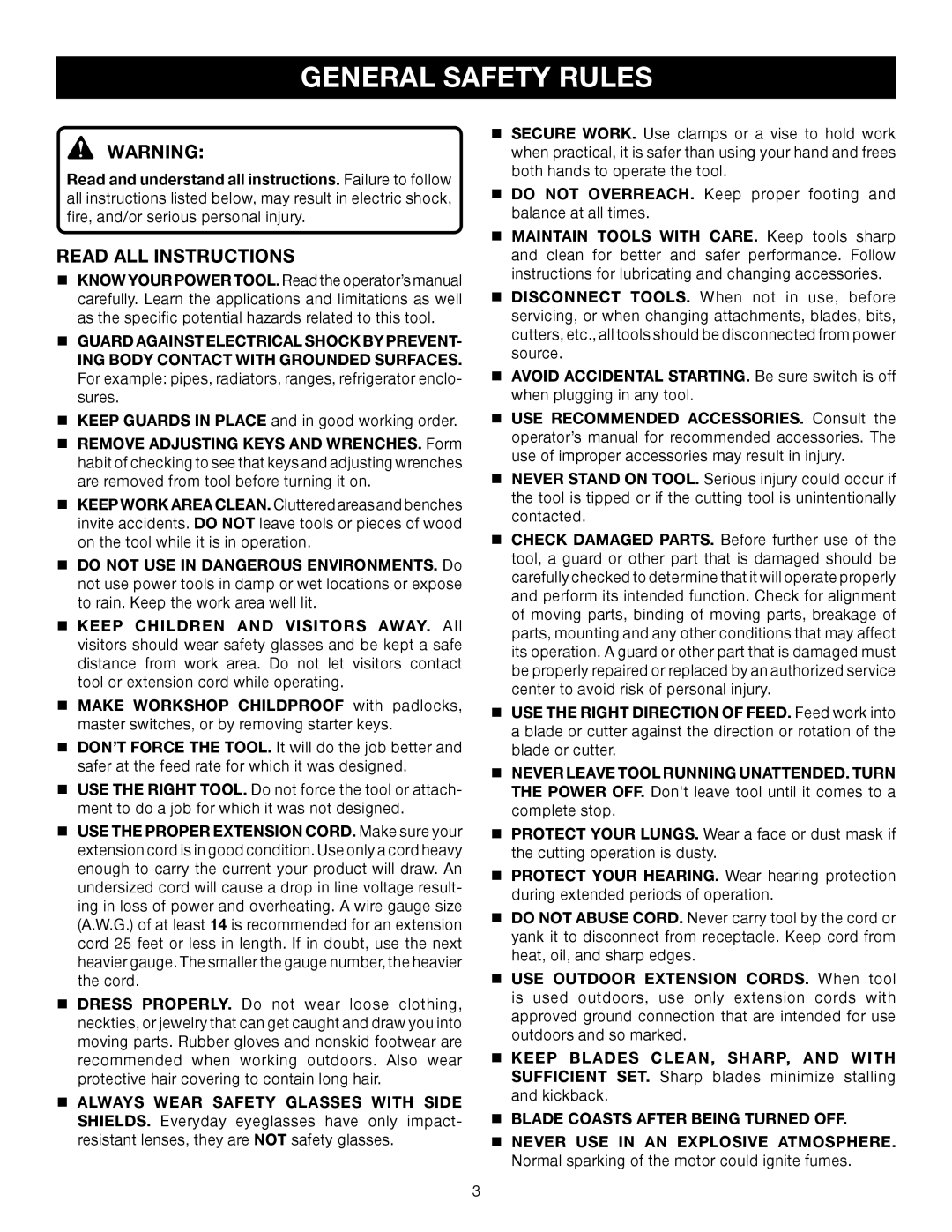 Ryobi TS1343L manual General Safety Rules, Read ALL Instructions,  Blade Coasts After Being Turned OFF 