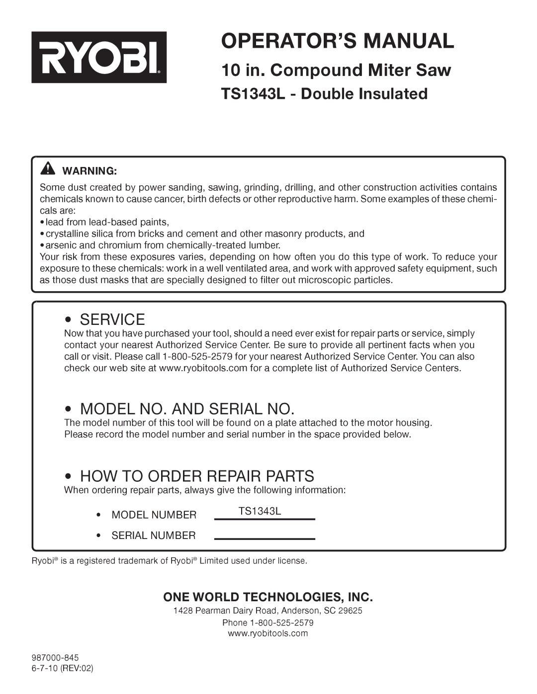 Ryobi TS1343L manual Service Model NO. and Serial no 