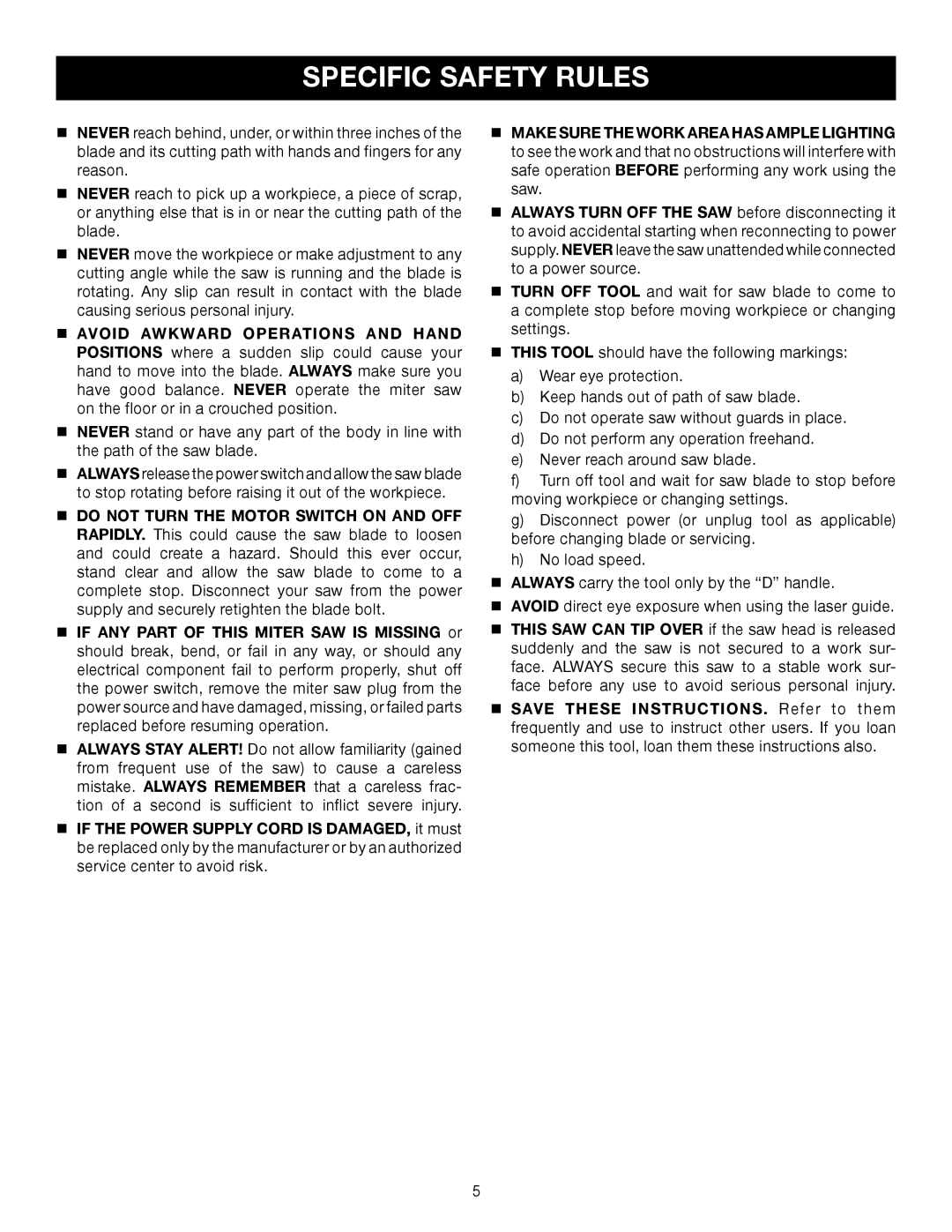 Ryobi TS1343L manual Specific Safety Rules 