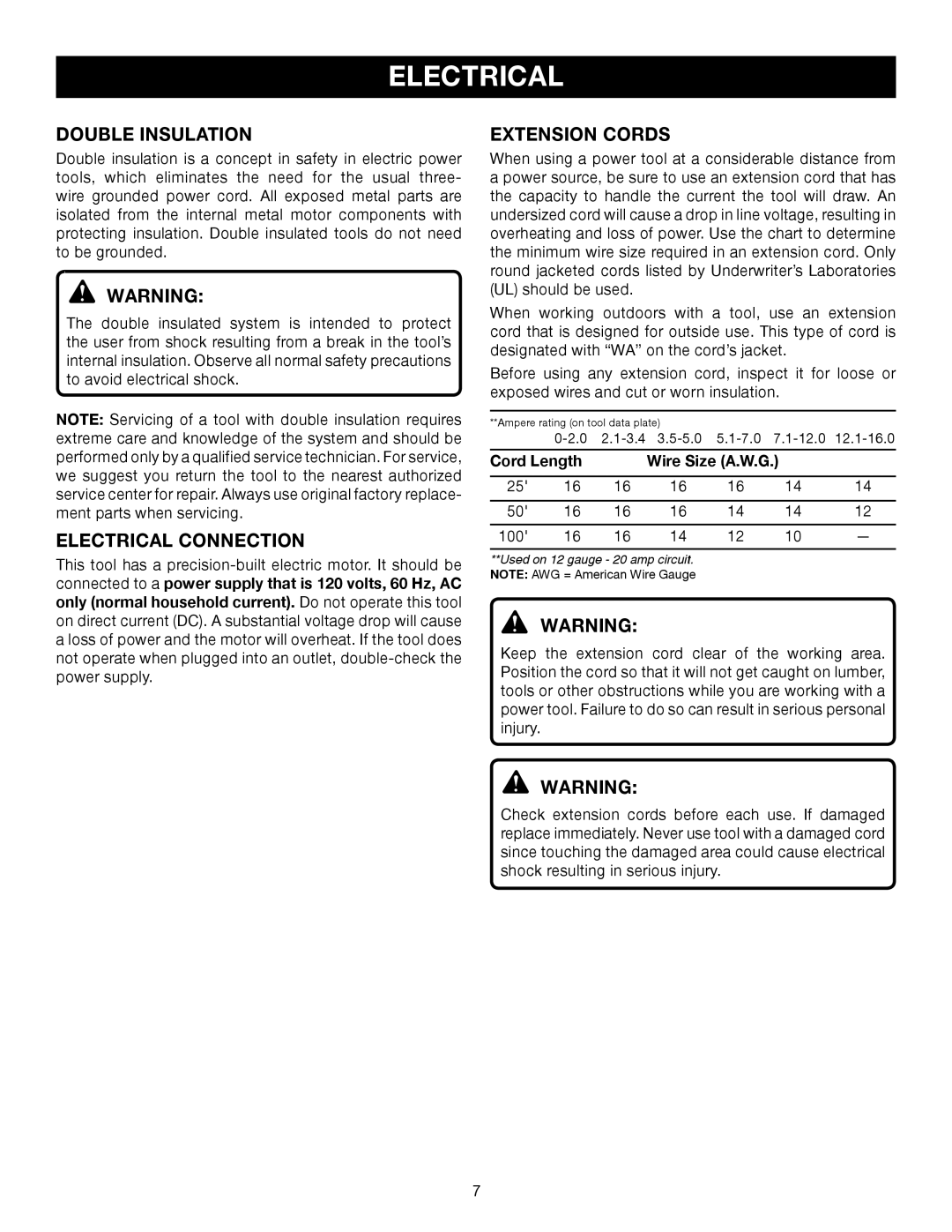 Ryobi TS1343L manual Double Insulation, Electrical Connection, Extension Cords, Cord Length 