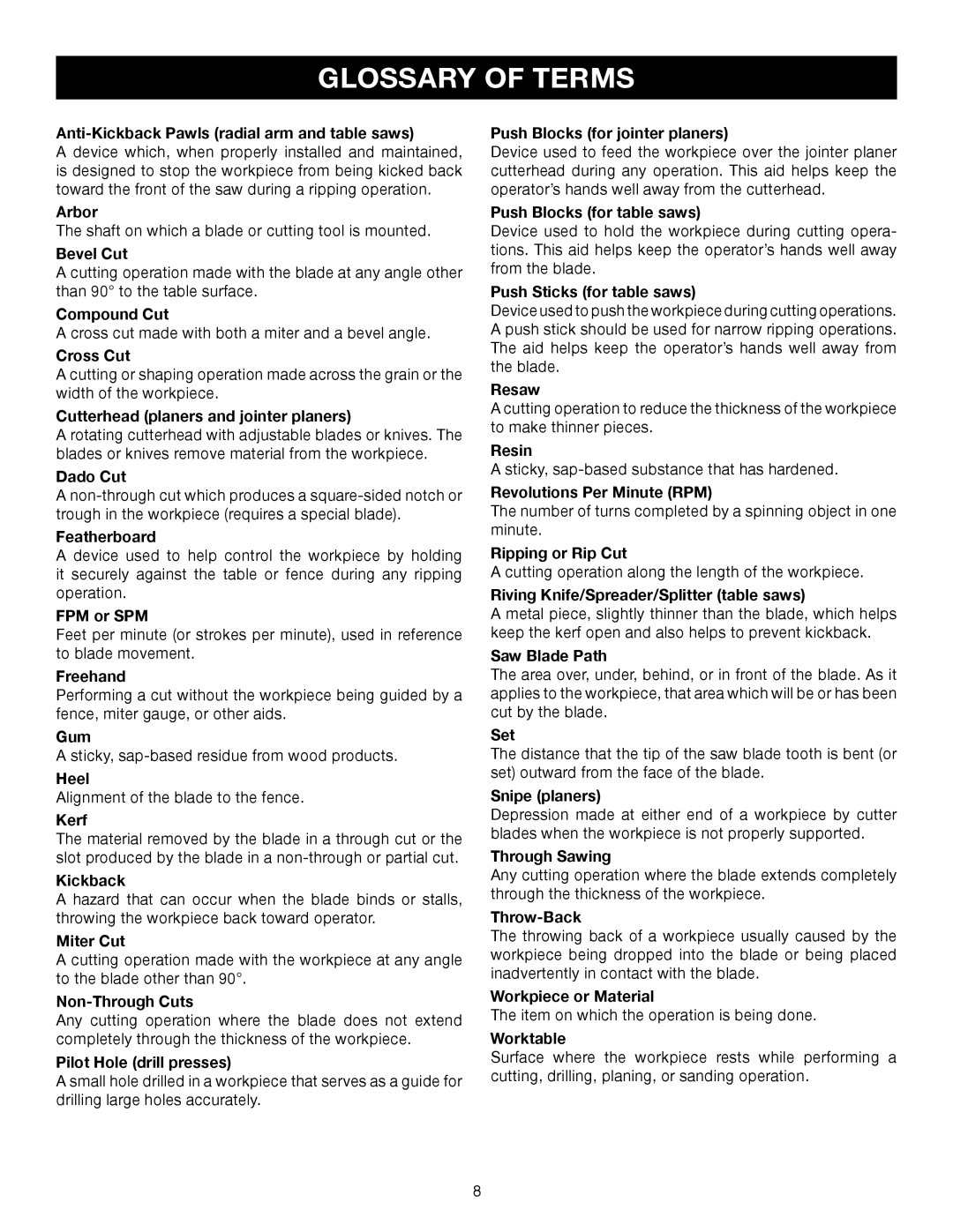 Ryobi TS1343L manual Glossary of Terms 