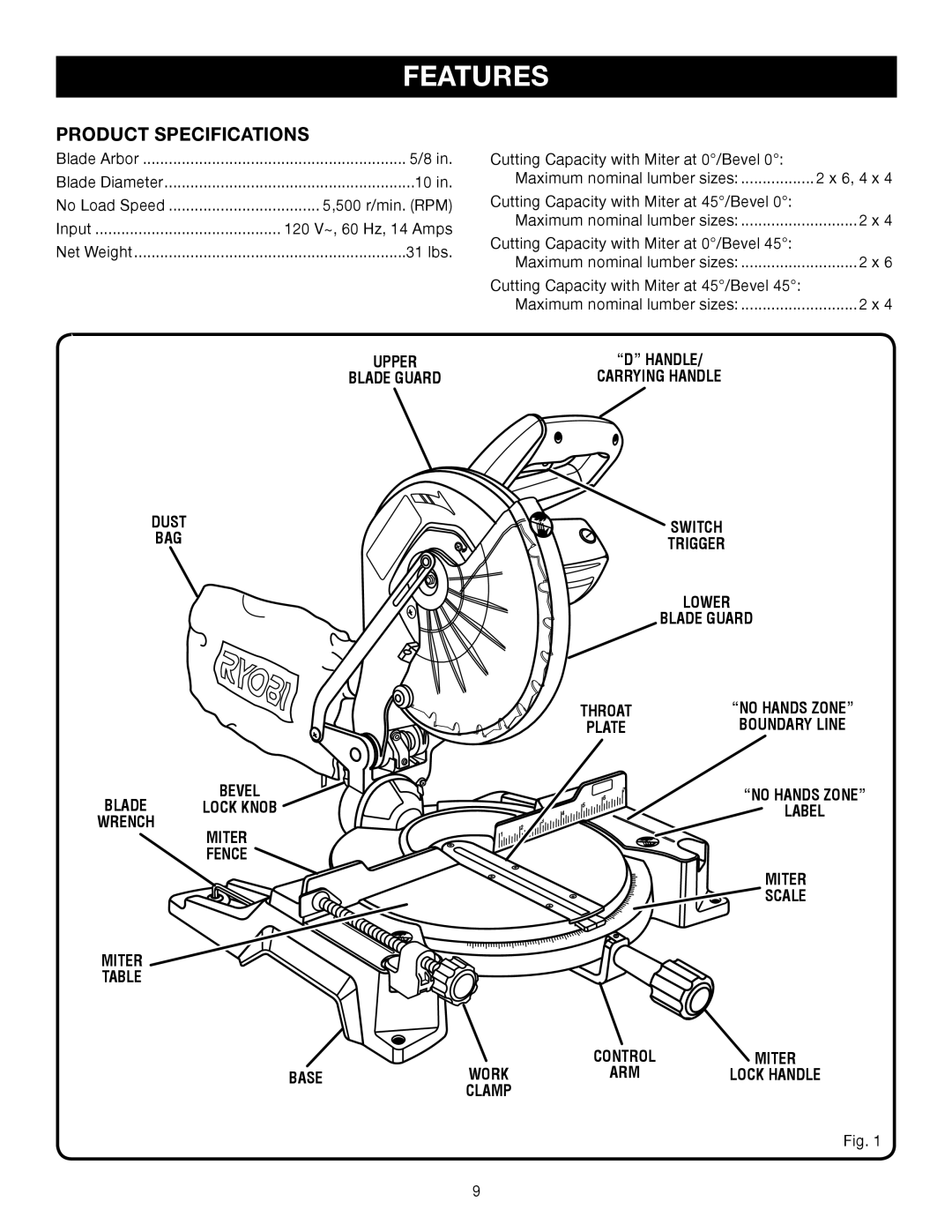 Ryobi TS1343L manual Features, Product Specifications 