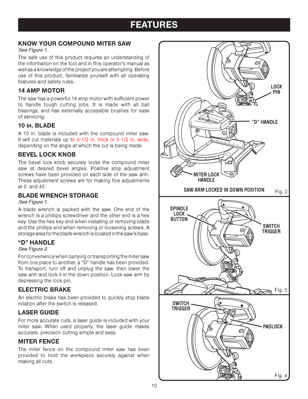 Ryobi TS1344L manual Know Your Compound Miter SAW, AMP Motor, Bevel Lock Knob, Blade Wrench Storage, Handle, Electric Brake 