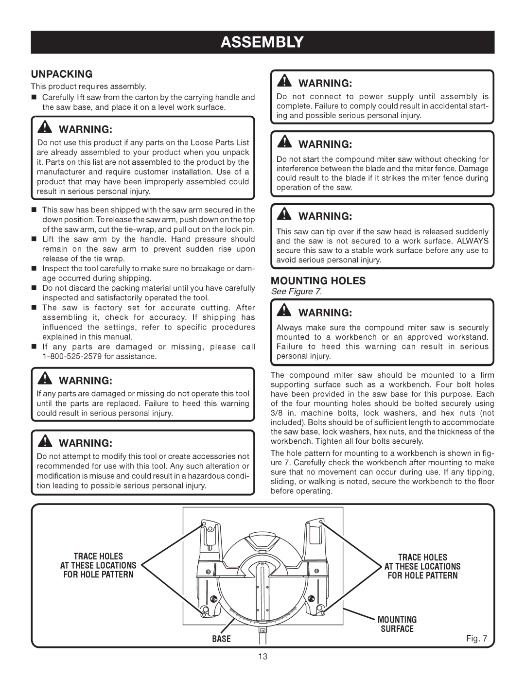 Ryobi TS1344L manual Assembly, Unpacking, Mounting Holes, Trace Holes 