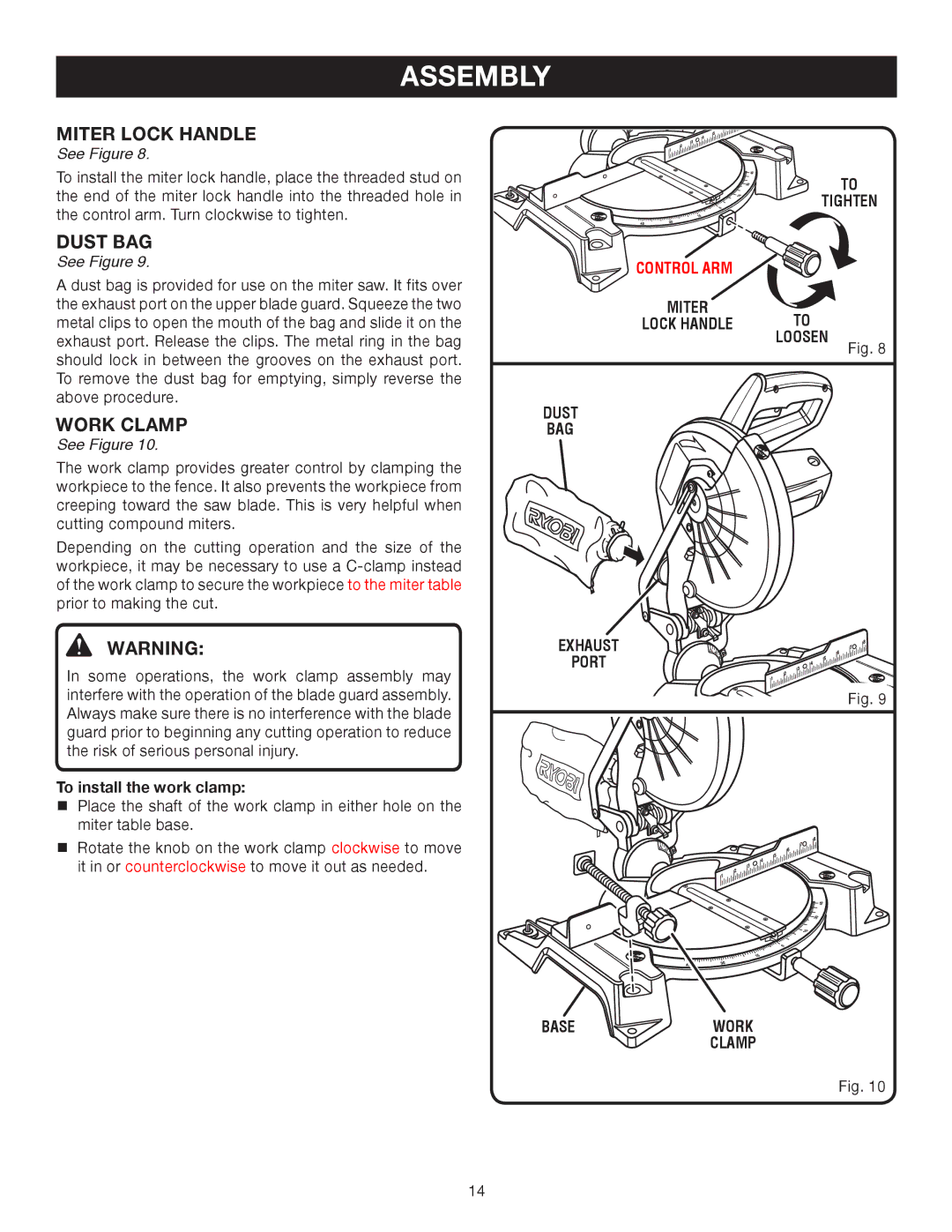 Ryobi TS1344L manual Work Clamp, To install the work clamp, Tighten, Dust BAG Exhaust Port Base 