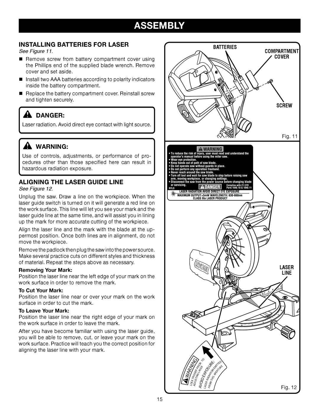 Ryobi TS1344L Installing Batteries for Laser, Aligning the Laser Guide Line, Batteries Compartment Cover Screw Laser Line 