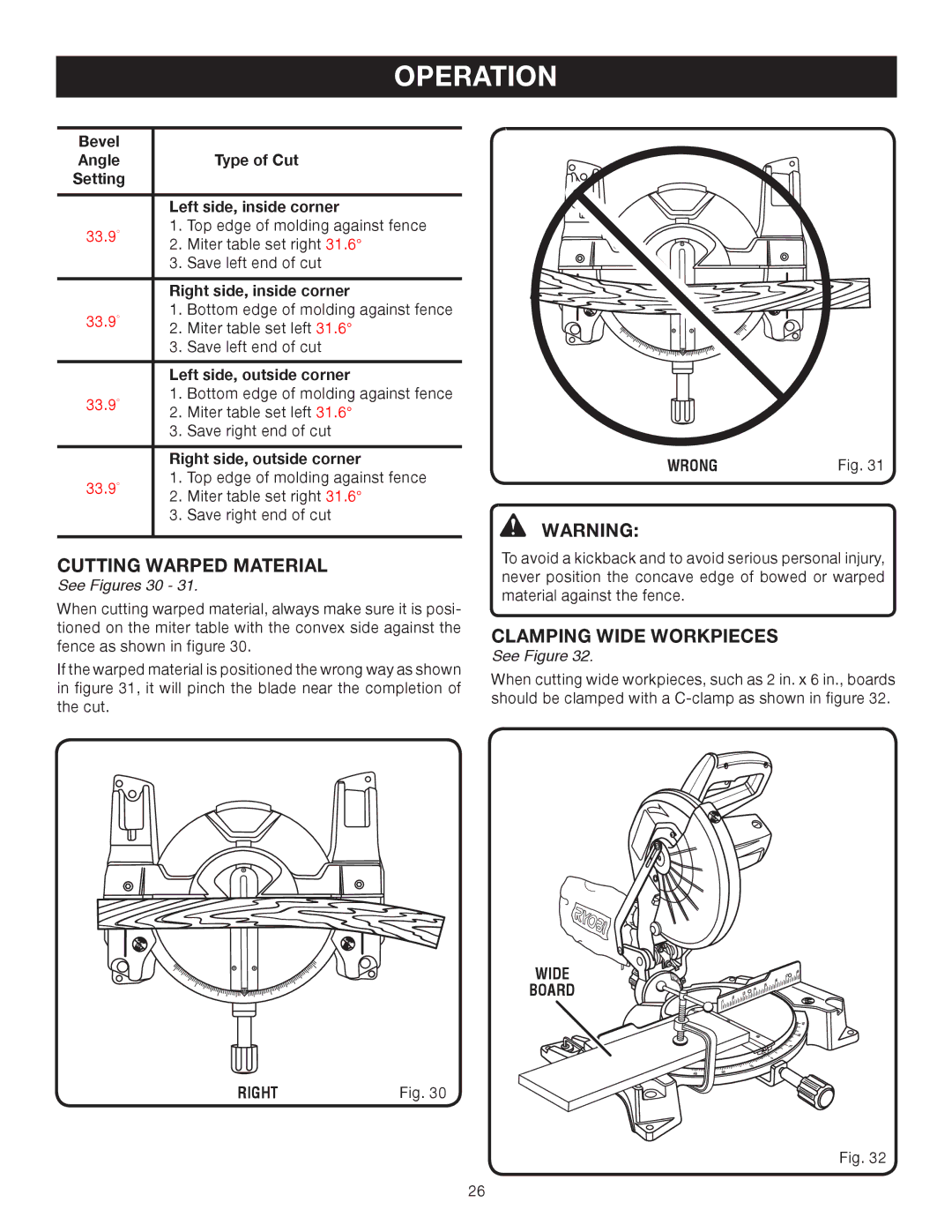 Ryobi TS1344L manual Cutting Warped Material, Clamping Wide Workpieces, See Figures 30, Wrong, Wide Board Right 