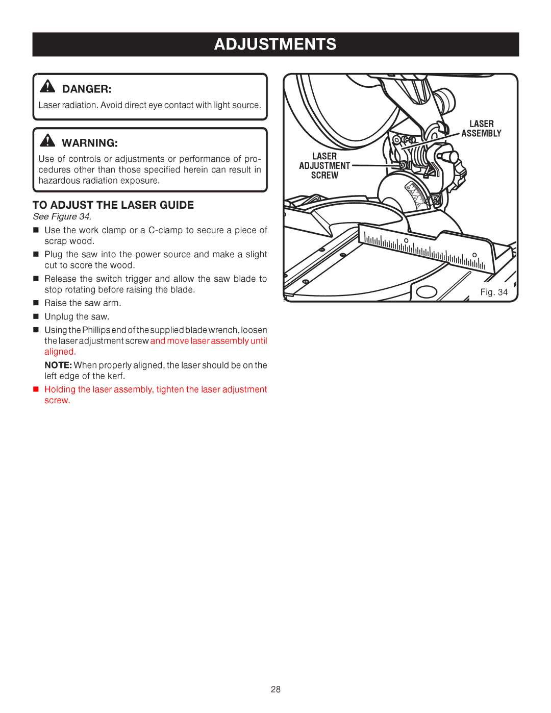 Ryobi TS1344L manual To Adjust the Laser Guide, Laser Assembly Laser Adjustment Screw 