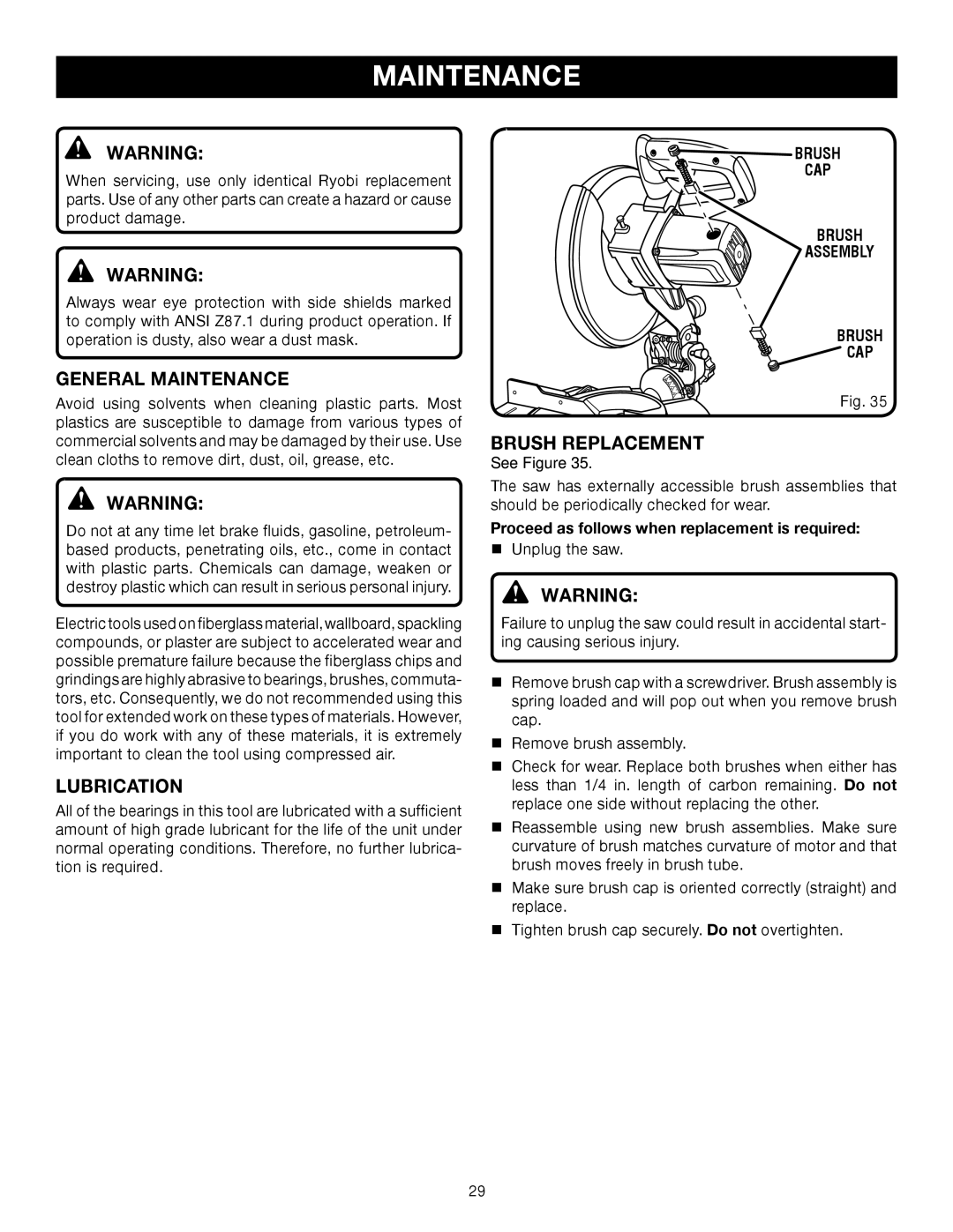 Ryobi TS1344L manual General Maintenance, Lubrication, Brush Replacement, Brush CAP Assembly 