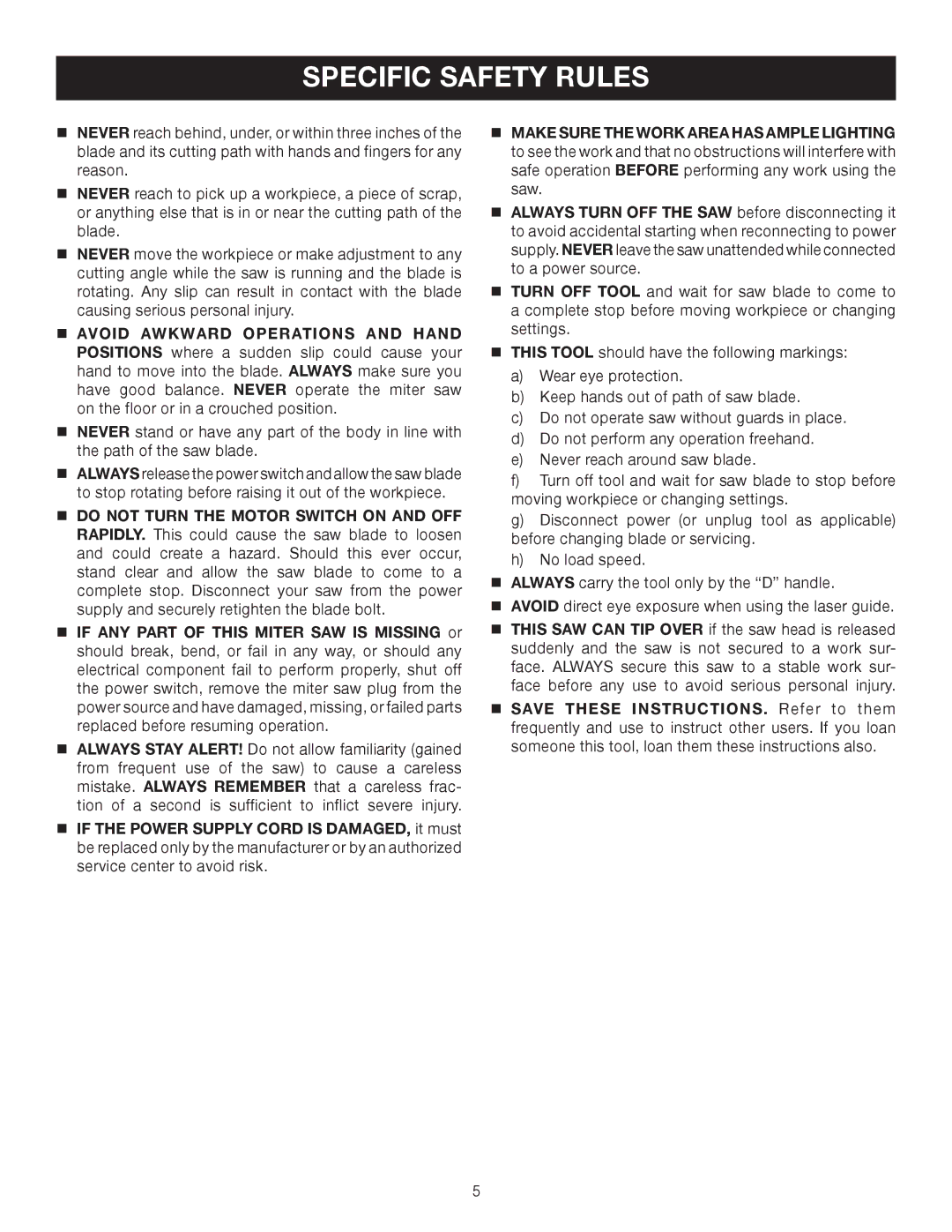 Ryobi TS1344L manual Specific Safety Rules 