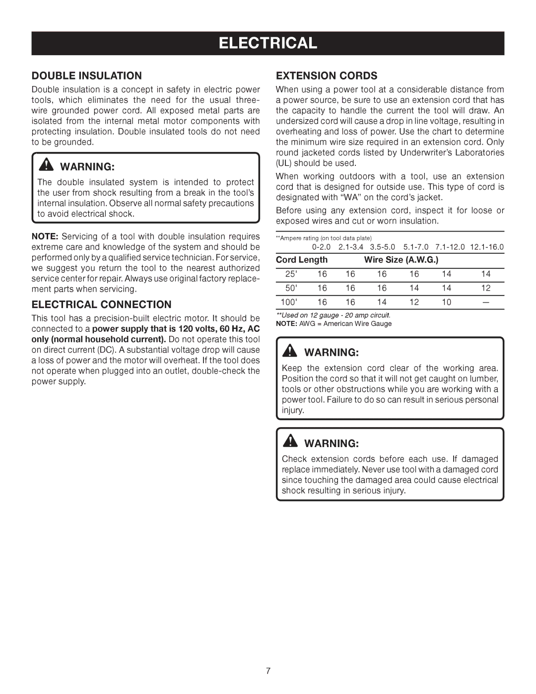 Ryobi TS1344L manual Double Insulation, Electrical Connection, Extension Cords, Cord Length 