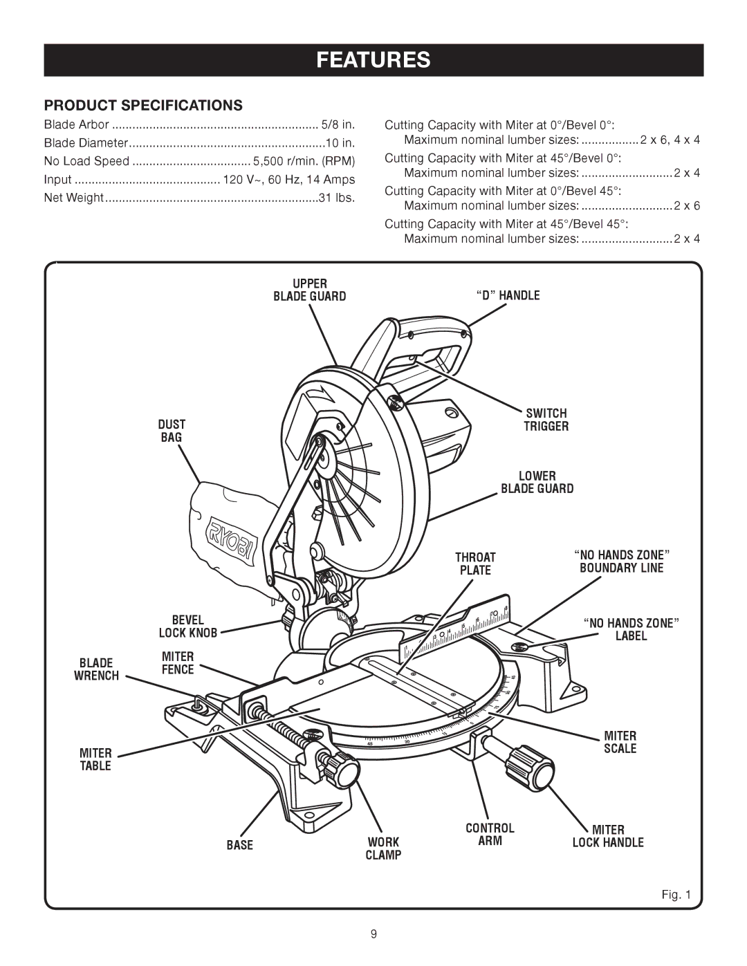 Ryobi TS1344L manual Features, Product Specifications, Dust BAG Bevel Lock Knob Blade Miter Wrench Fence Base, Miter Scale 