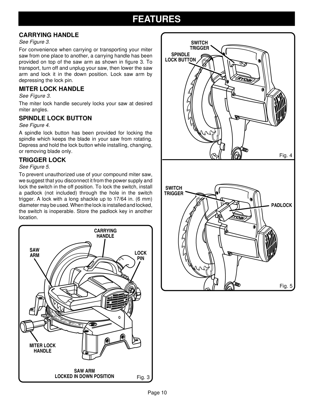 Ryobi TS1350 warranty Carrying Handle, Miter Lock Handle, Spindle Lock Button, Trigger Lock 