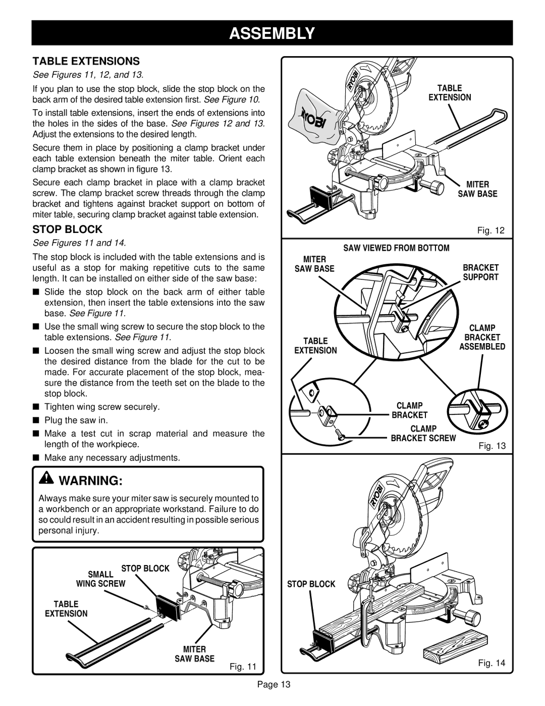 Ryobi TS1350 Table Extensions, Clamp Bracket Bracket Screw Small Stop Block, Wing Screw Extension Miter SAW Base 