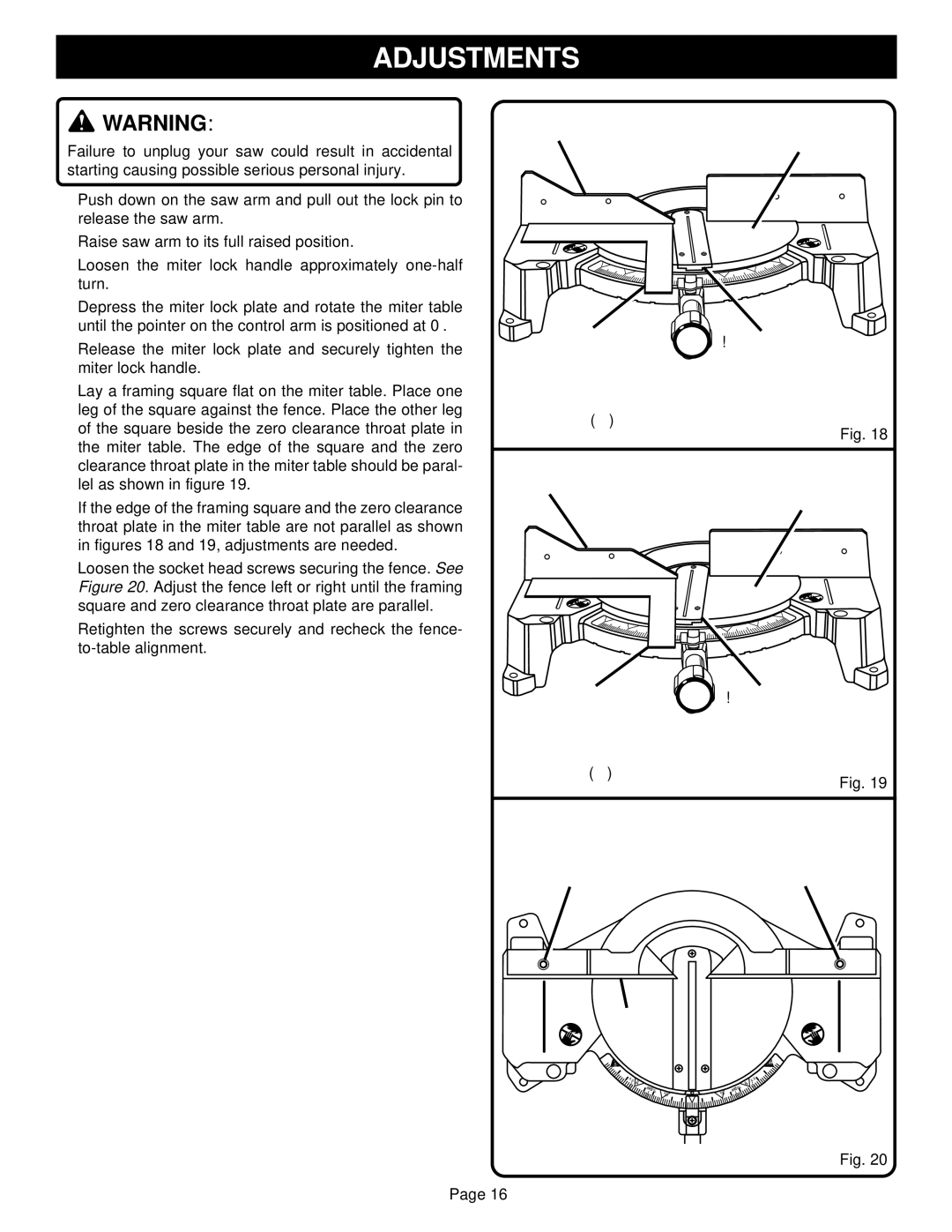 Ryobi TS1350 warranty Adjustments, Miter Fence Miter Table 