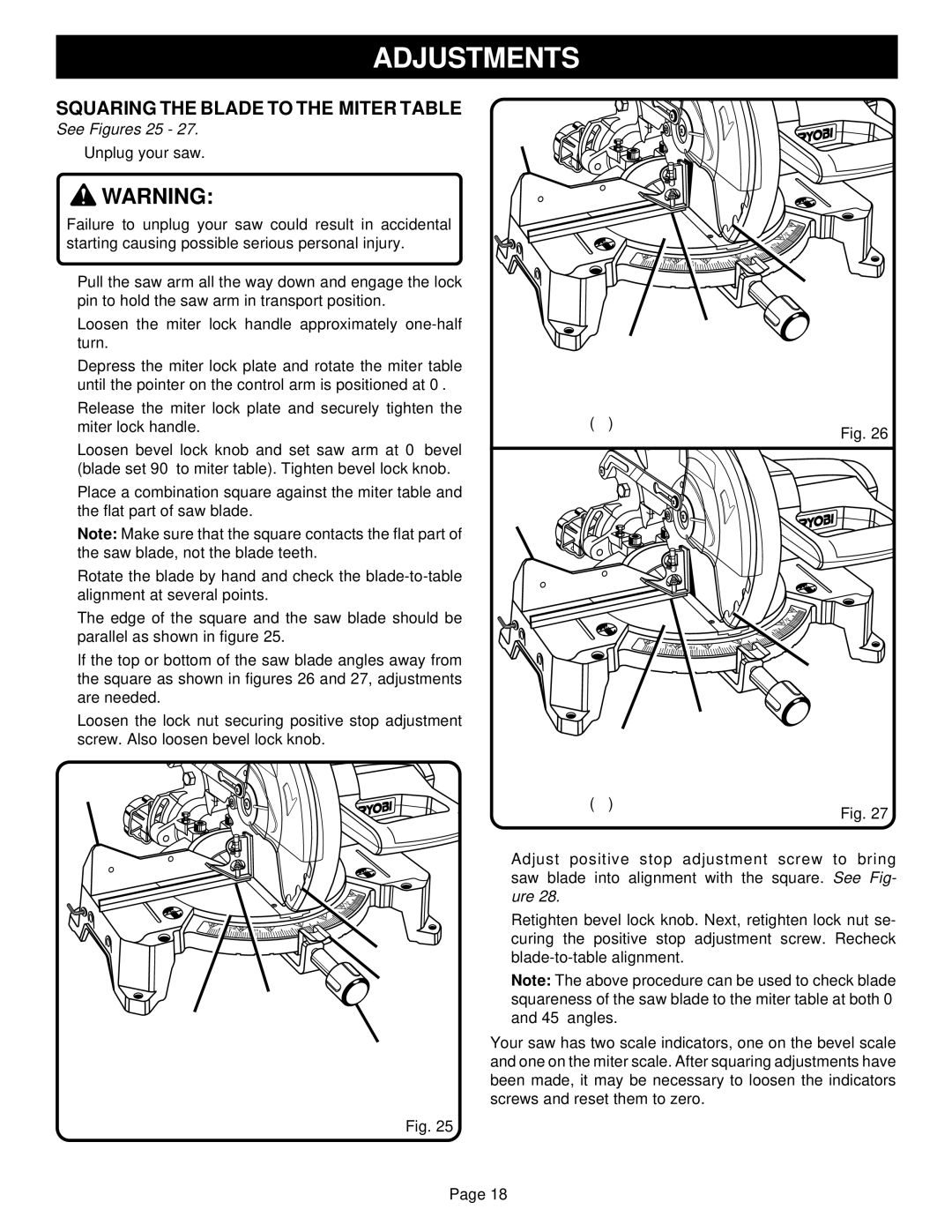 Ryobi TS1350 warranty Squaring the Blade to the Miter Table, See Figures 25, Combination Miter Square 