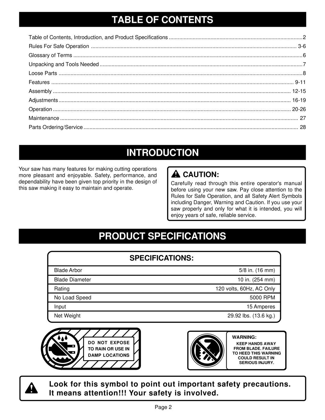 Ryobi TS1350 warranty Table of Contents, Introduction, Product Specifications 