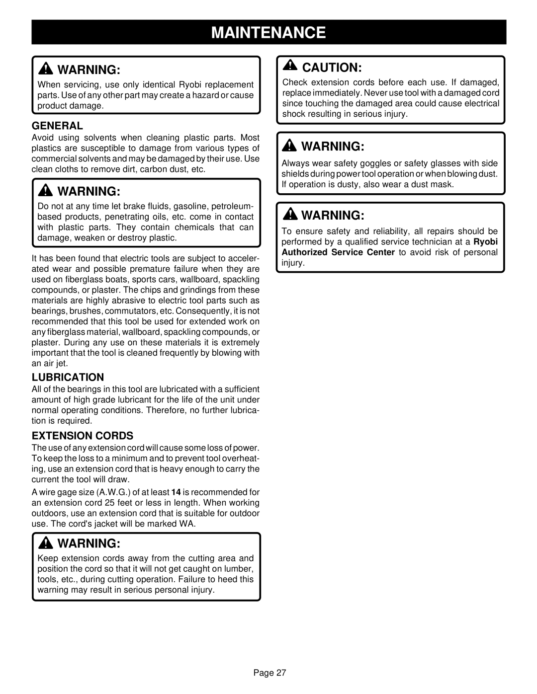 Ryobi TS1350 warranty Maintenance, General, Lubrication, Extension Cords 