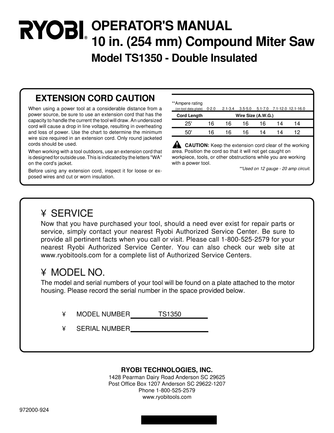 Ryobi TS1350 warranty Operators Manual, Ryobi TECHNOLOGIES, INC 