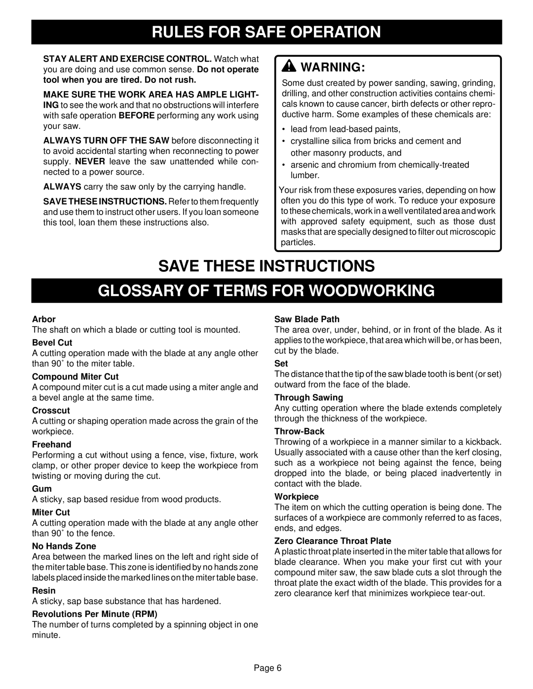 Ryobi TS1350 warranty Glossary of Terms for Woodworking, Freehand 