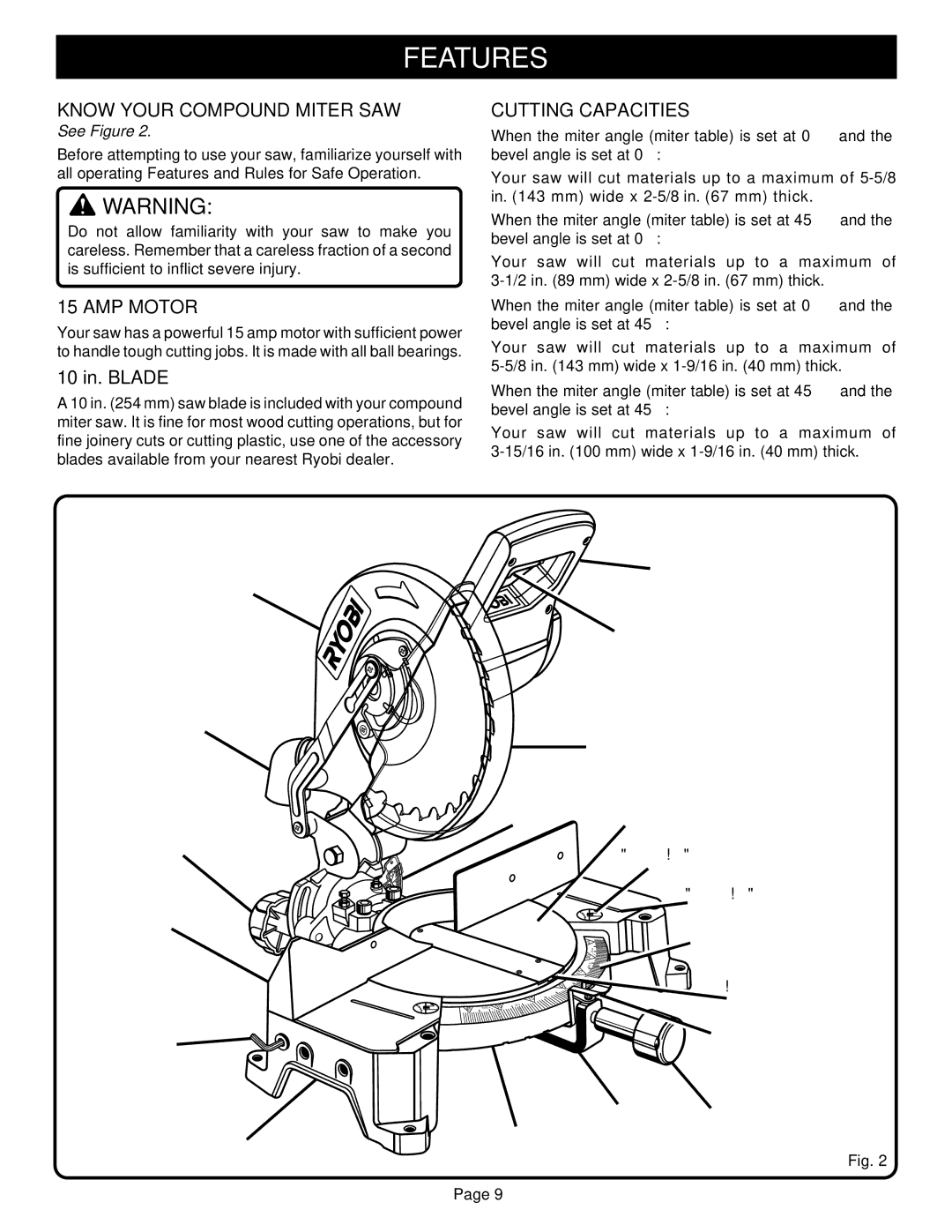 Ryobi TS1350 warranty Features, Know Your Compound Miter SAW, Cutting Capacities, AMP Motor 