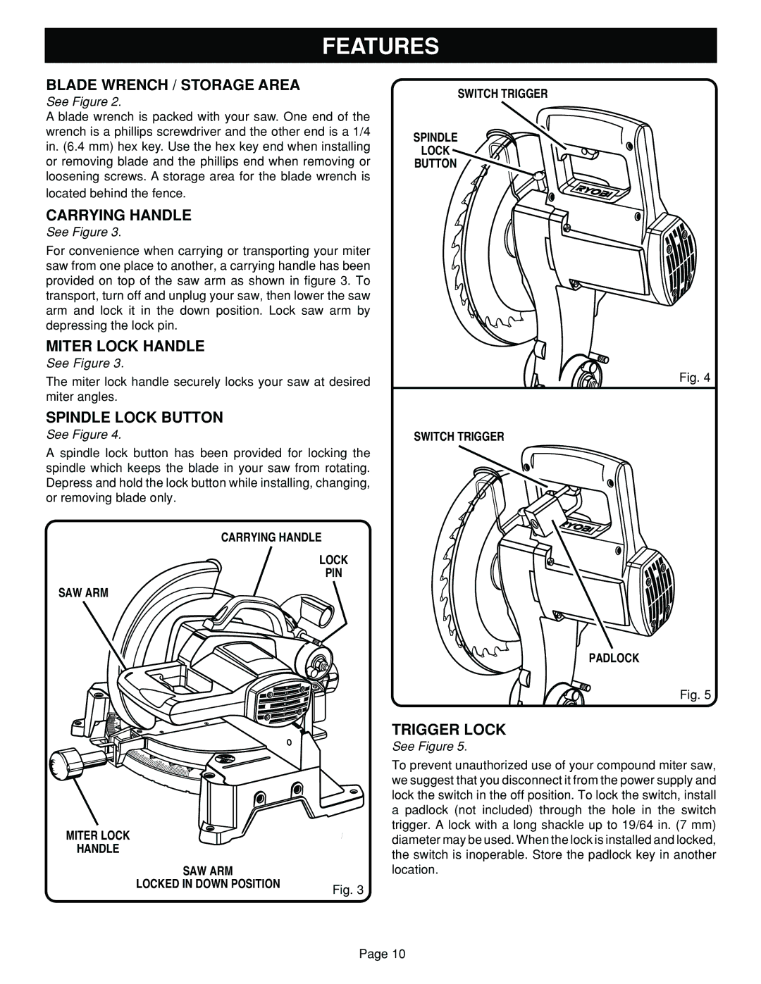 Ryobi TS1351 manual Blade Wrench / Storage Area, Carrying Handle, Miter Lock Handle, Spindle Lock Button, Trigger Lock 