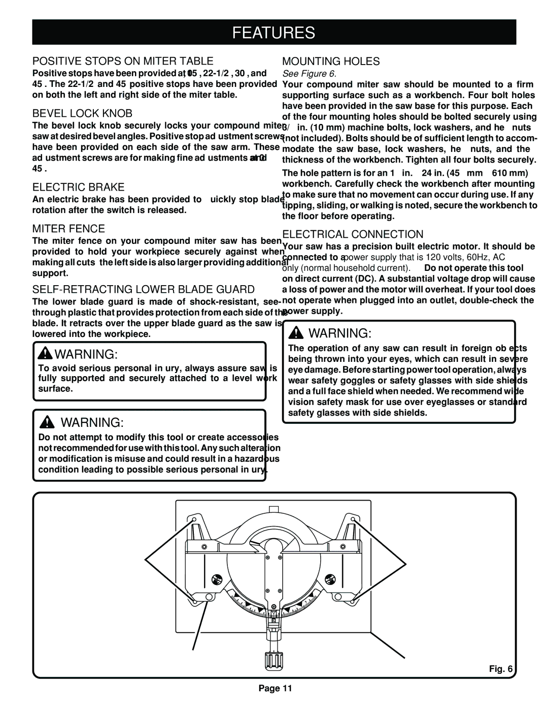 Ryobi TS1351 manual Positive Stops on Miter Table, Bevel Lock Knob, Electric Brake, Mounting Holes, Miter Fence 