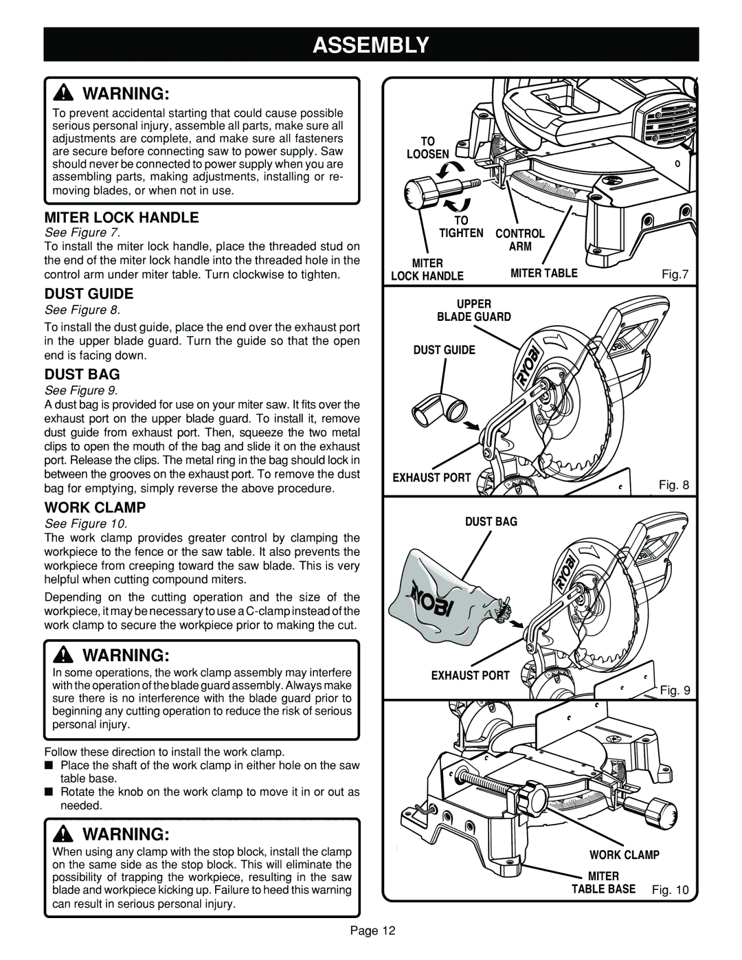 Ryobi TS1351 manual Assembly, Dust Guide, Dust BAG, Work Clamp 