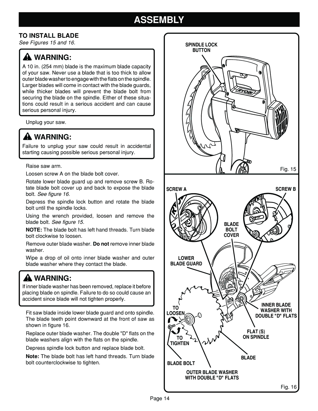 Ryobi TS1351 manual To Install Blade, See Figures 15 