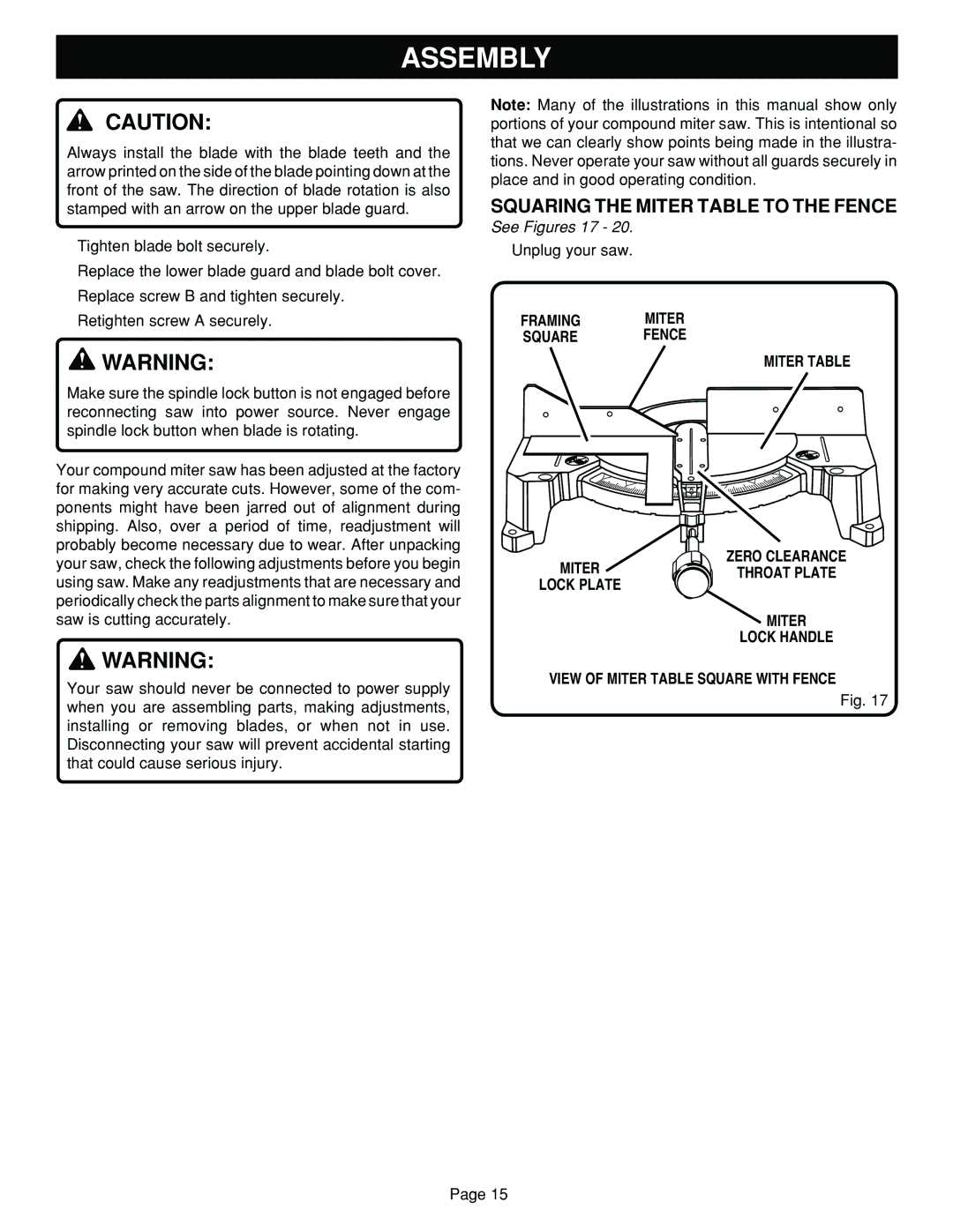 Ryobi TS1351 manual Squaring the Miter Table to the Fence, See Figures 17 