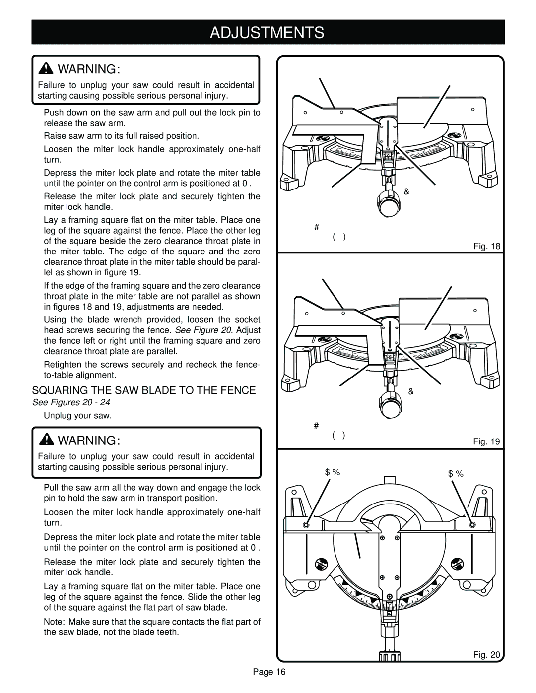 Ryobi TS1351 manual Adjustments, Squaring the SAW Blade to the Fence, See Figures 20 