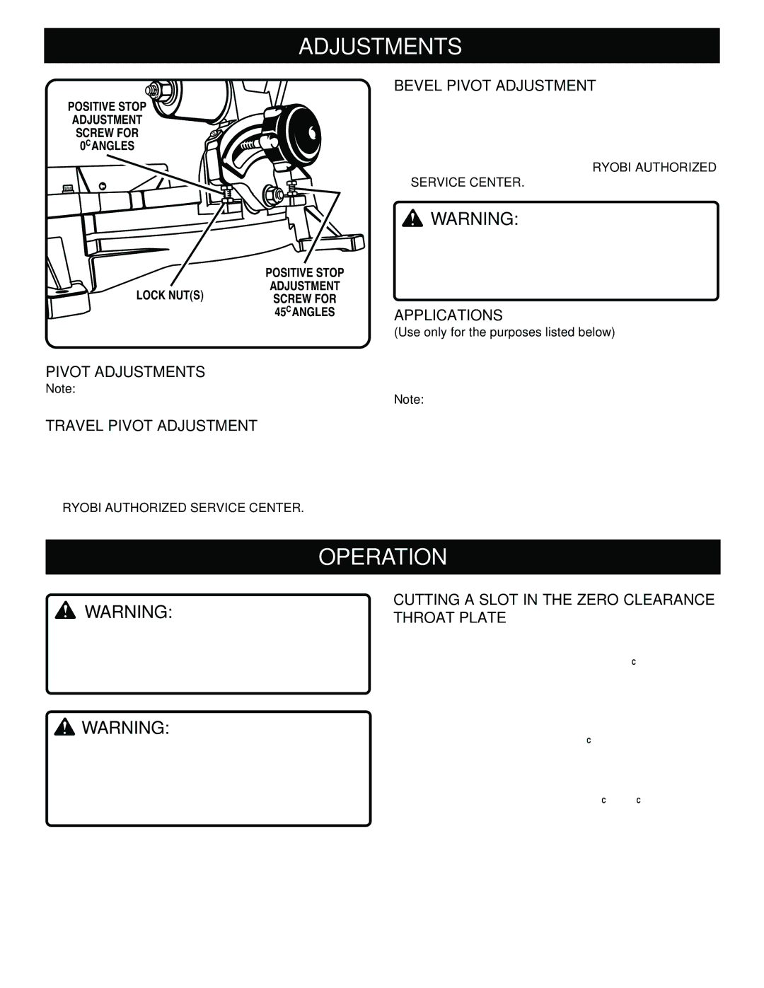 Ryobi TS1351 manual Operation, Pivot Adjustments Travel Pivot Adjustment, Bevel Pivot Adjustment, Applications 