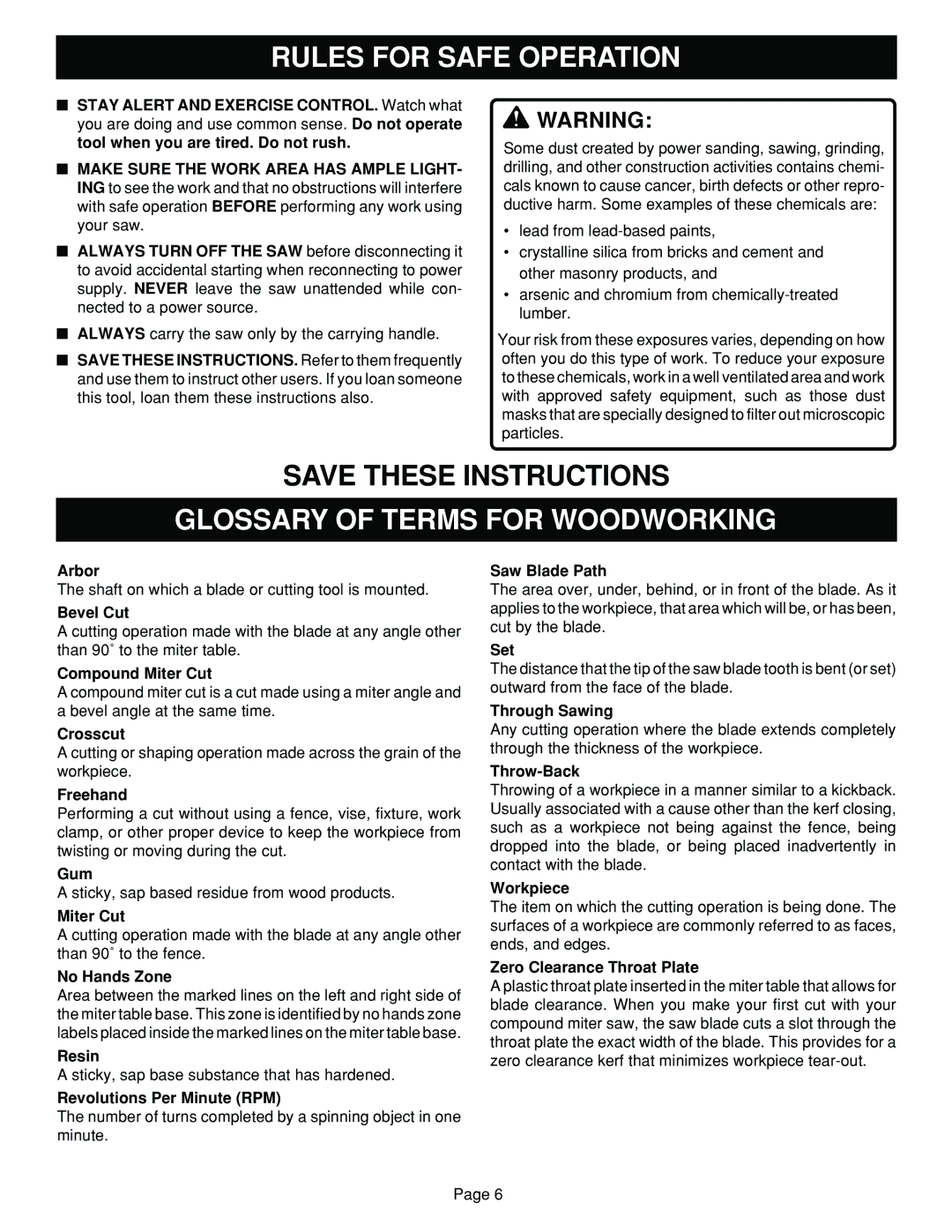 Ryobi TS1351 manual Glossary of Terms for Woodworking, Freehand 