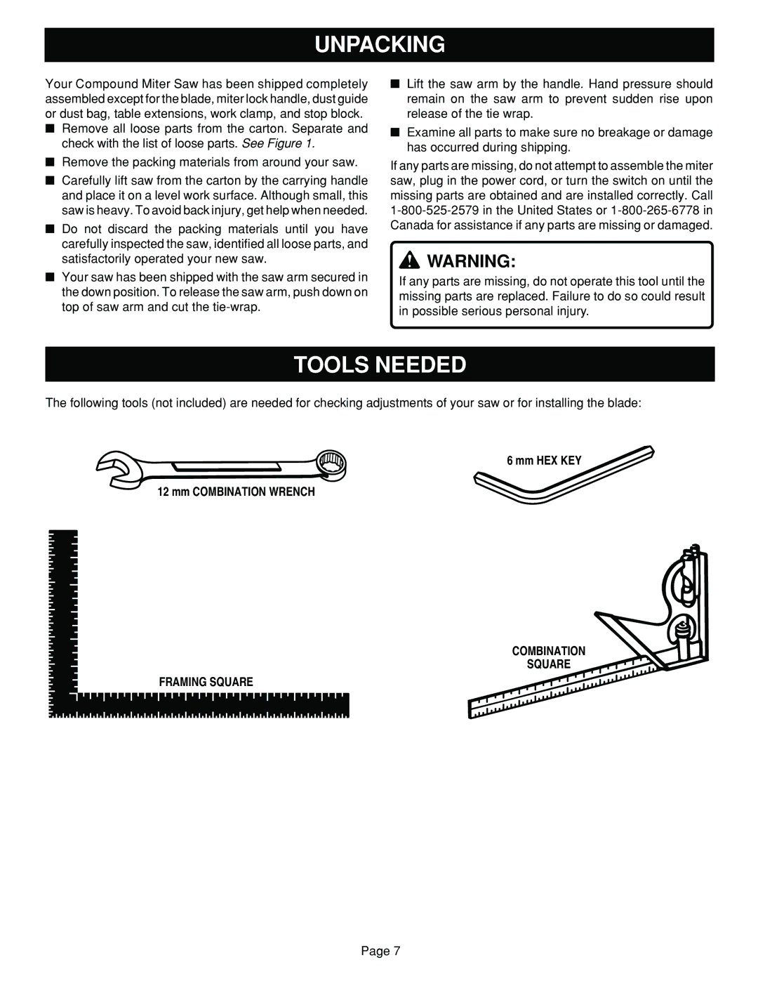 Ryobi TS1351 manual Unpacking, Tools Needed 