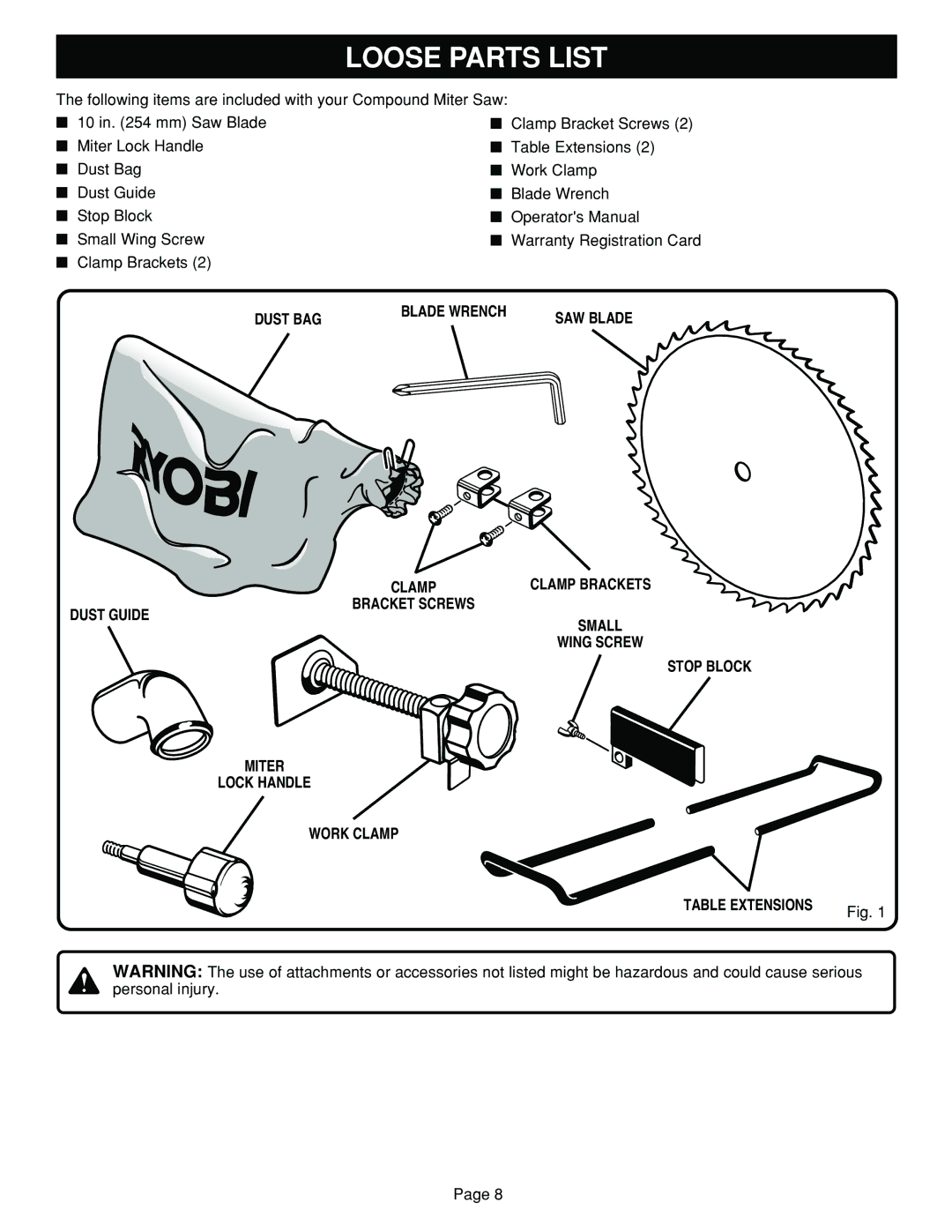 Ryobi TS1351 manual Loose Parts List 