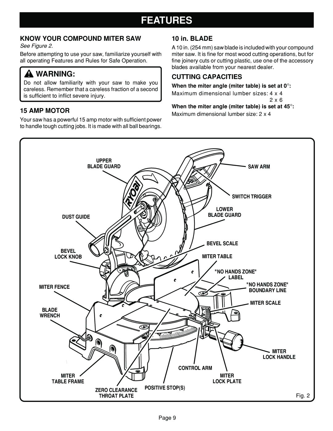 Ryobi TS1351 manual Features, Know Your Compound Miter SAW, AMP Motor, Cutting Capacities, See Figure 