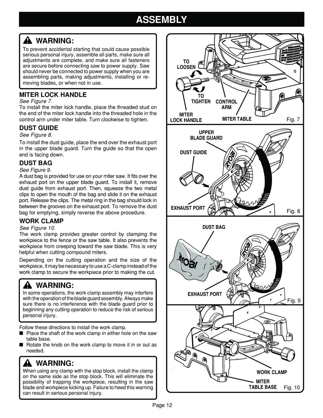 Ryobi TS1352 manual Assembly, Dust Guide, Dust BAG, Work Clamp 