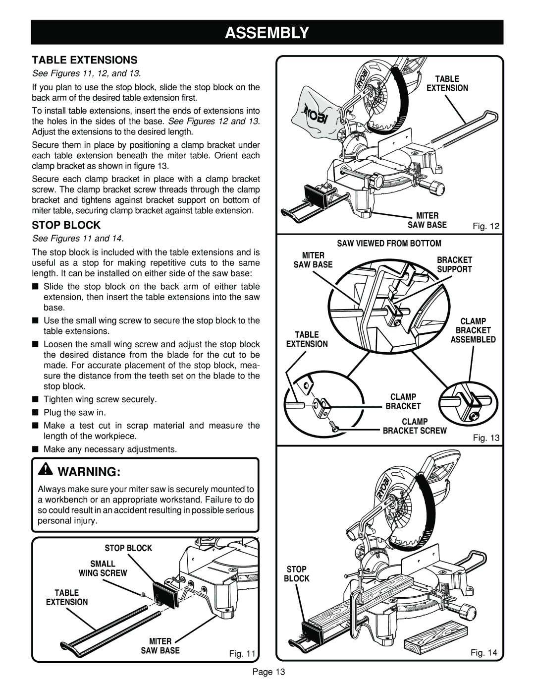 Ryobi TS1352 manual Table Extensions, Stop Block, SAW Viewed from Bottom Miter SAW Basebracket Support 