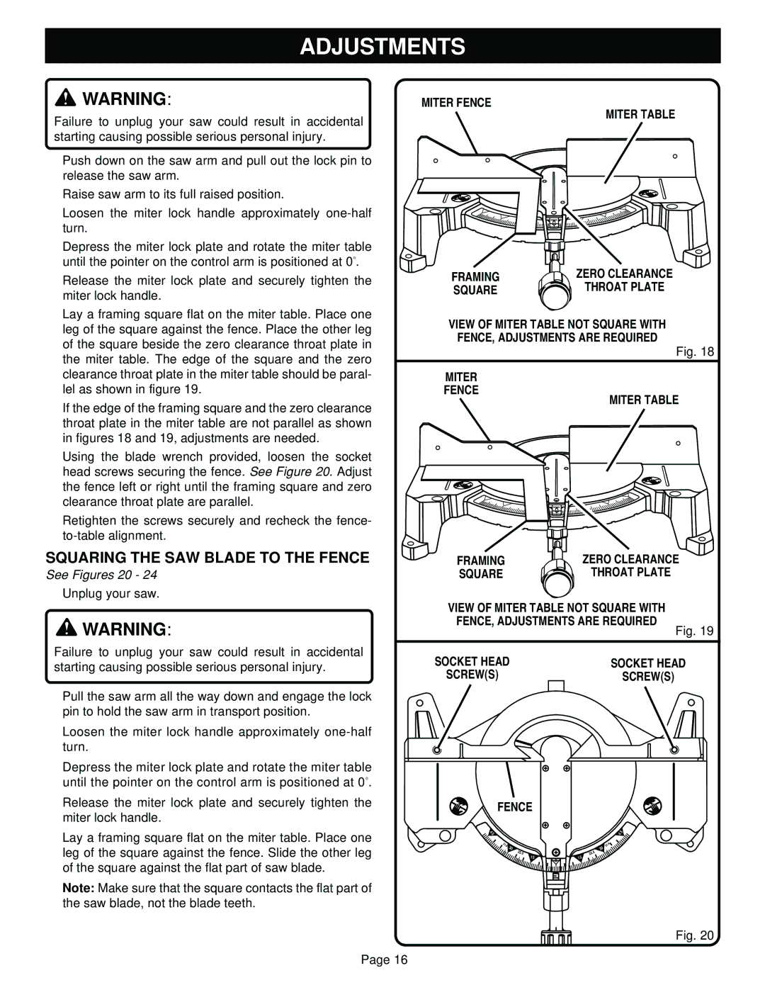 Ryobi TS1352 manual Squaring the SAW Blade to the Fence, See Figures 20, Miter Fence Miter Table 