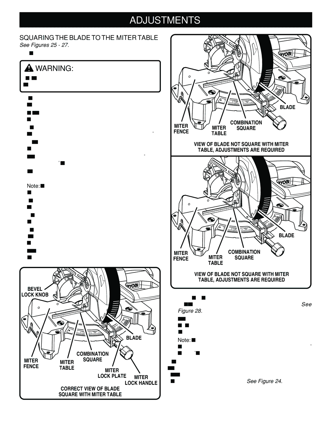 Ryobi TS1352 manual Squaring the Blade to the Miter Table, See Figures 25, Bevel Lock Knob, Miter Combination 