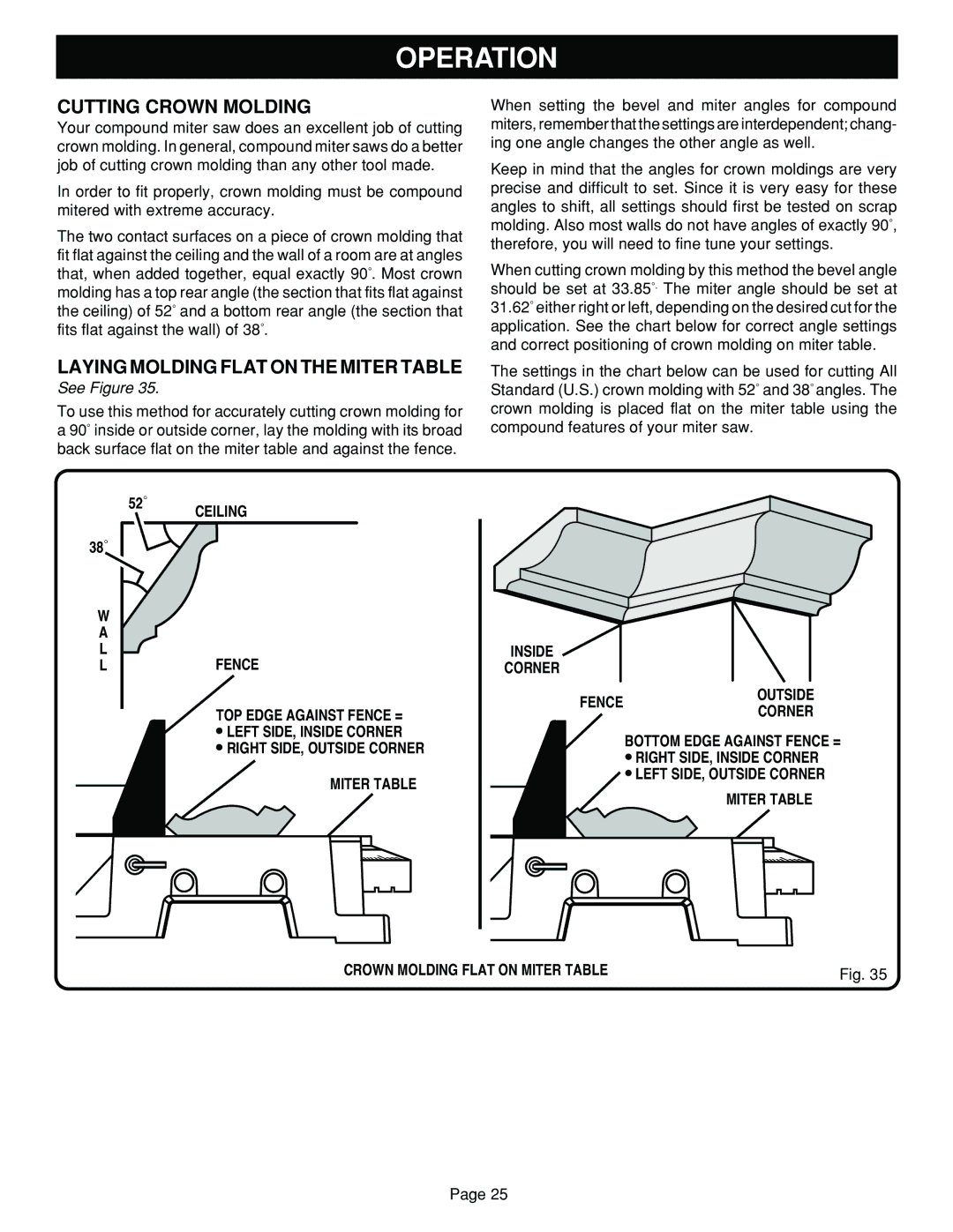 Ryobi TS1352 manual Cutting Crown Molding, Laying Molding Flat on the Miter Table 