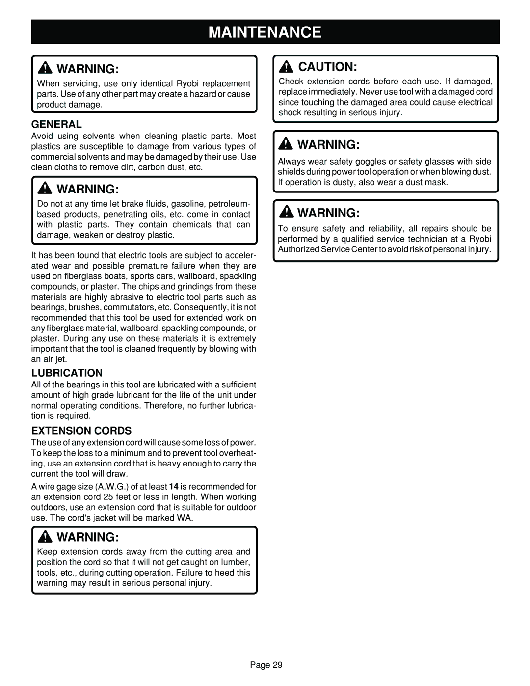 Ryobi TS1352 manual Maintenance, General, Lubrication, Extension Cords 