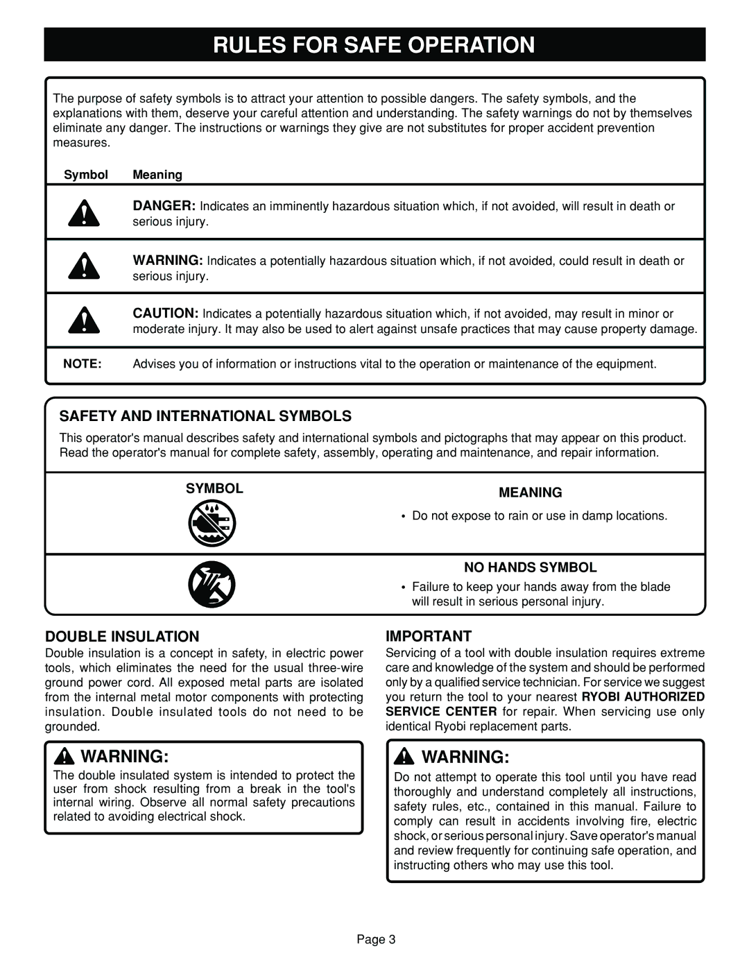 Ryobi TS1352 manual Rules for Safe Operation, Safety and International Symbols, Double Insulation 