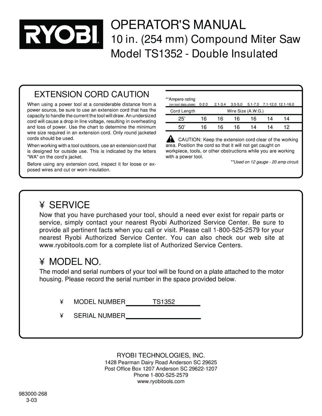 Ryobi TS1352 manual Extension Cord Caution, Ryobi TECHNOLOGIES, INC 